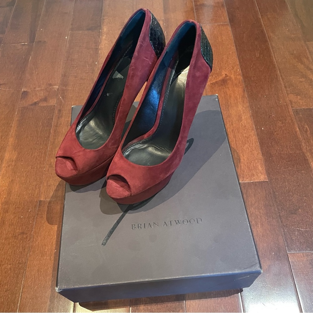 Brian Atwood Blayne Oxblood Burgundy red snake peeptoe Suede Platform Heels